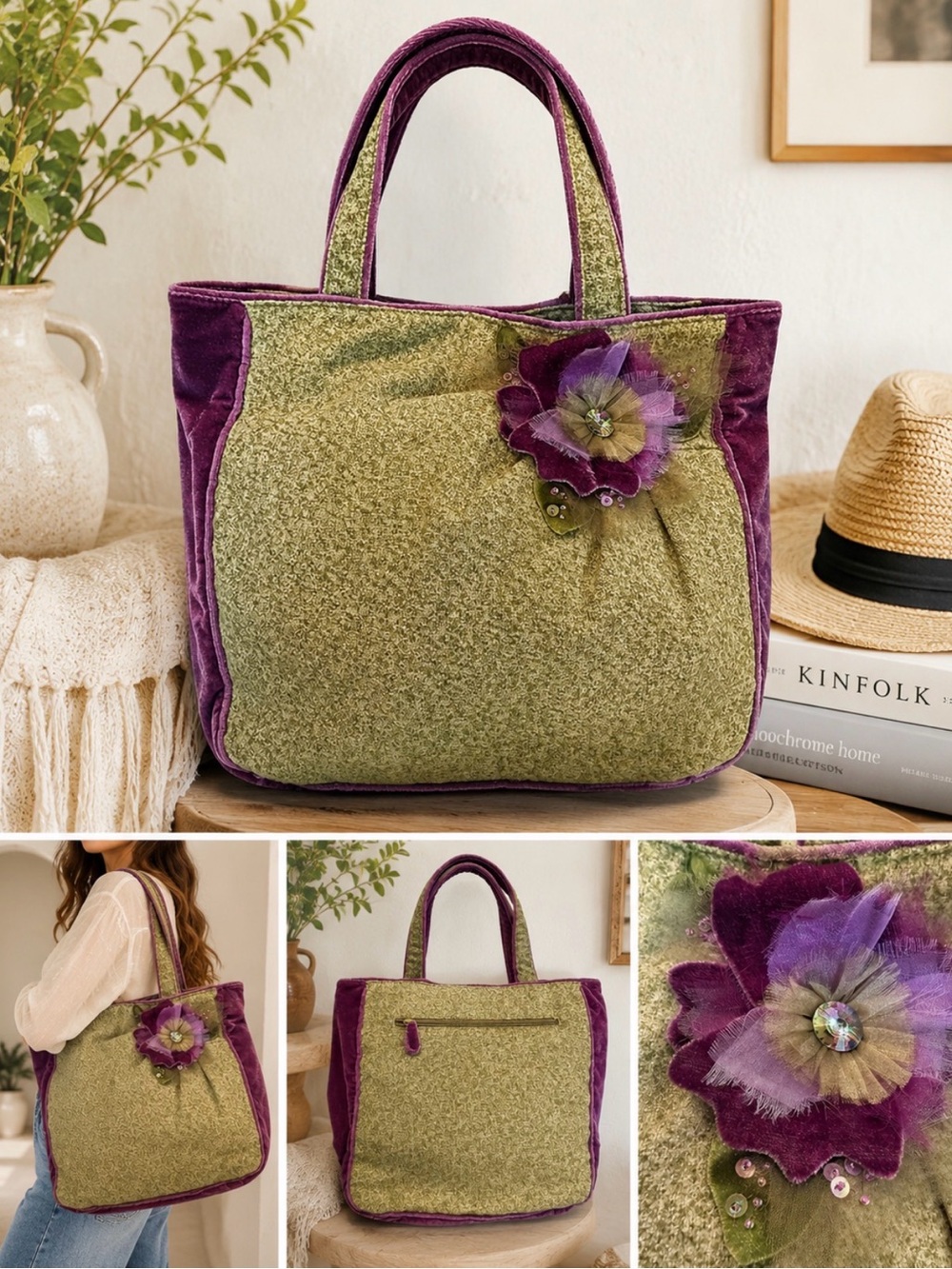 Boho Chic Cottage core Southwest Velvet Two-Tone Green & Purple Floral Tote Bag